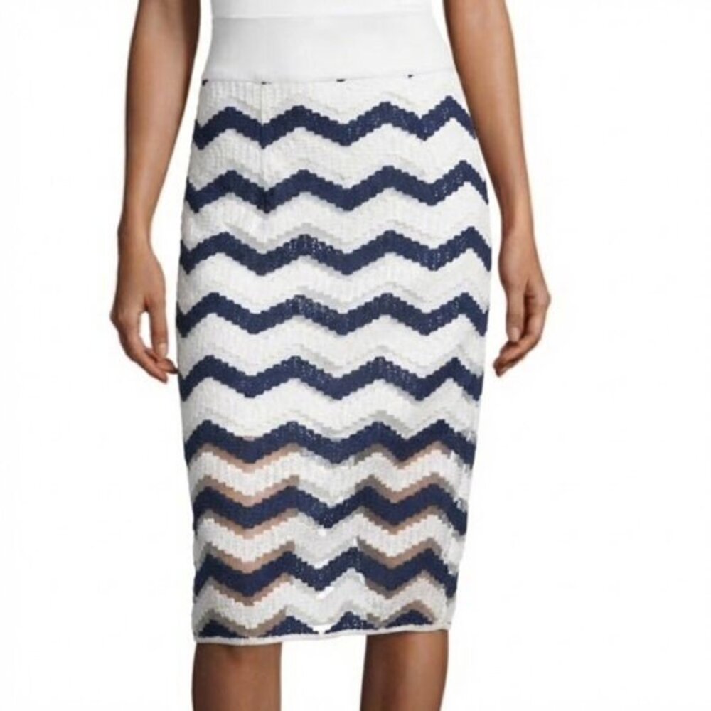 Milly Chevron Pencil Skirt in White/Navy Blue Size small